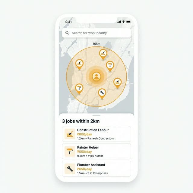 Hyperlocal map showing nearby jobs within 10km radius