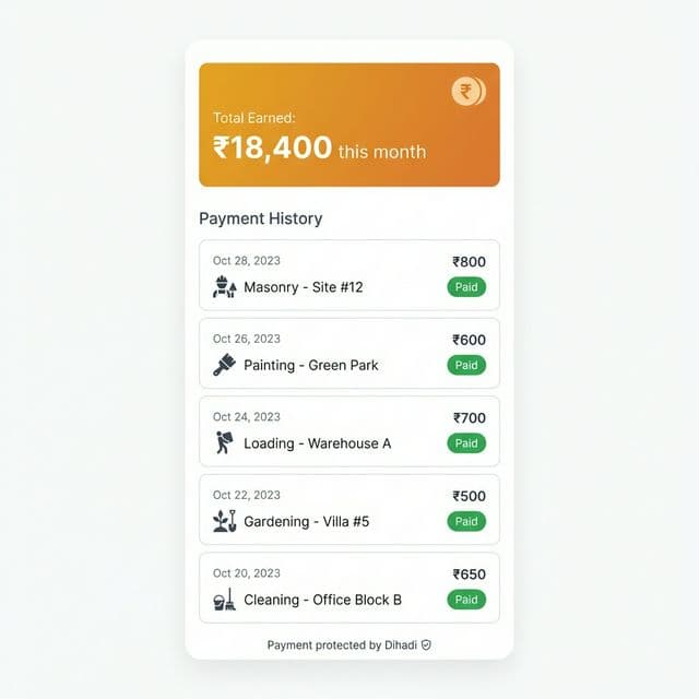 Payment history showing earnings and transaction records