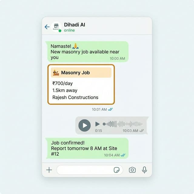 WhatsApp chat interface with Dihadi AI showing job matching